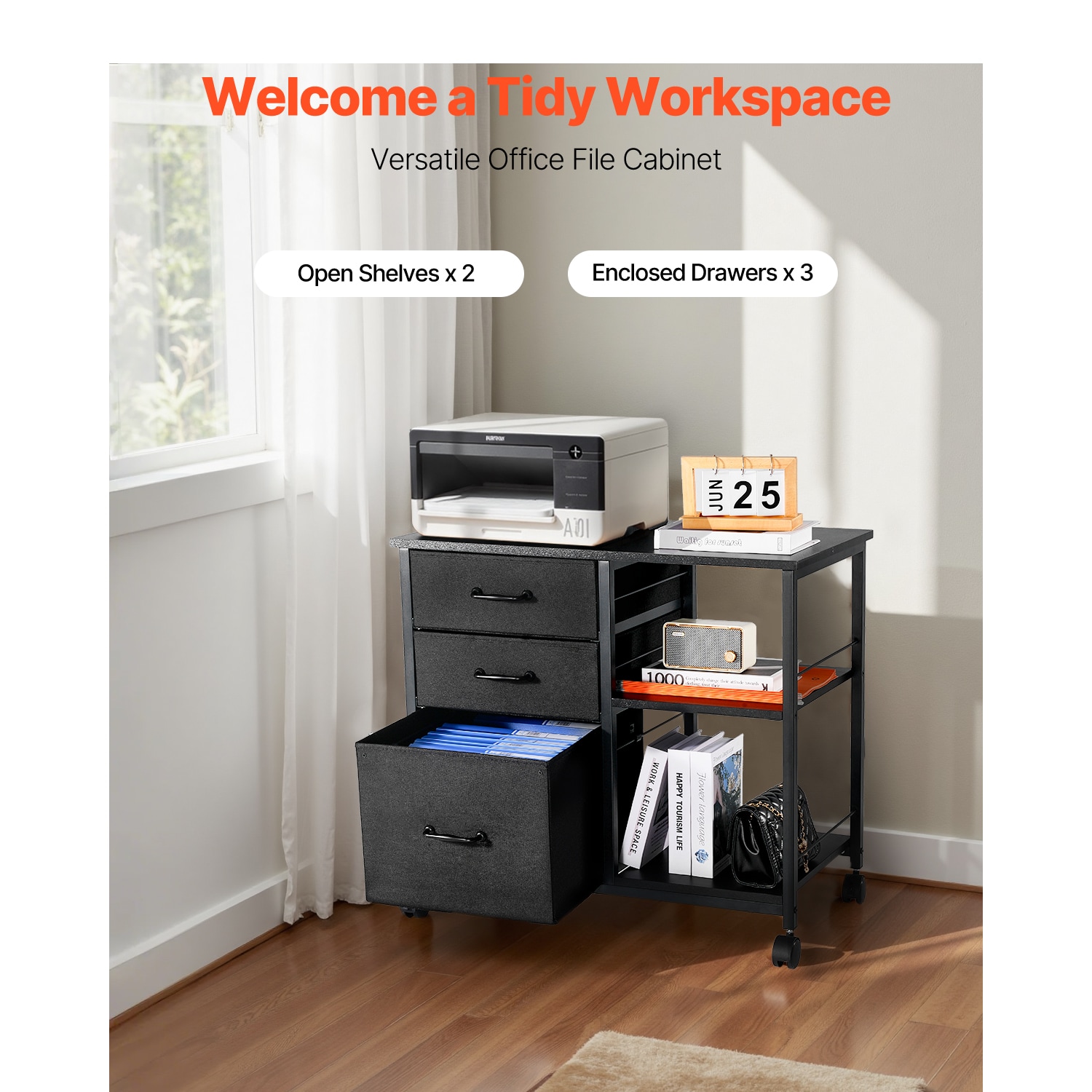 Mobile Metal File Cabinet With 3 Fabric Drawers And 2 Open Shelves Black_maomaolike.com